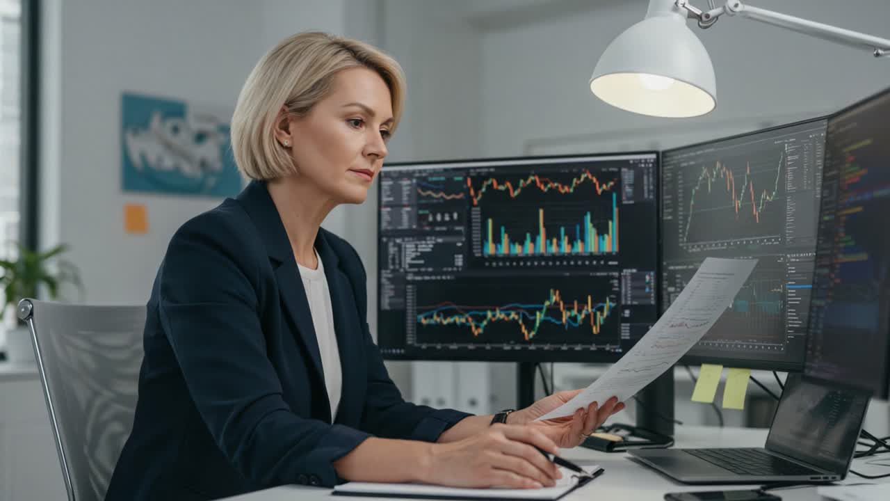 Focused Professional Analyzing Financial Data with Multiple Monitors While Taking Notes in a Modern Office Setting