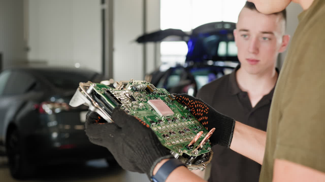 reparación de automóviles: técnicos que examinan una placa de circuitos