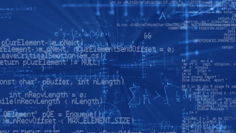 animación de fórmulas matemáticas con procesamiento de datos e información digital sobre fondo azul