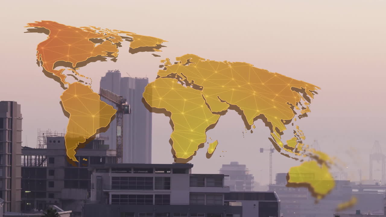 都市の景観の上に、世界地図とデジタルデータ処理が表示されるアニメーション。