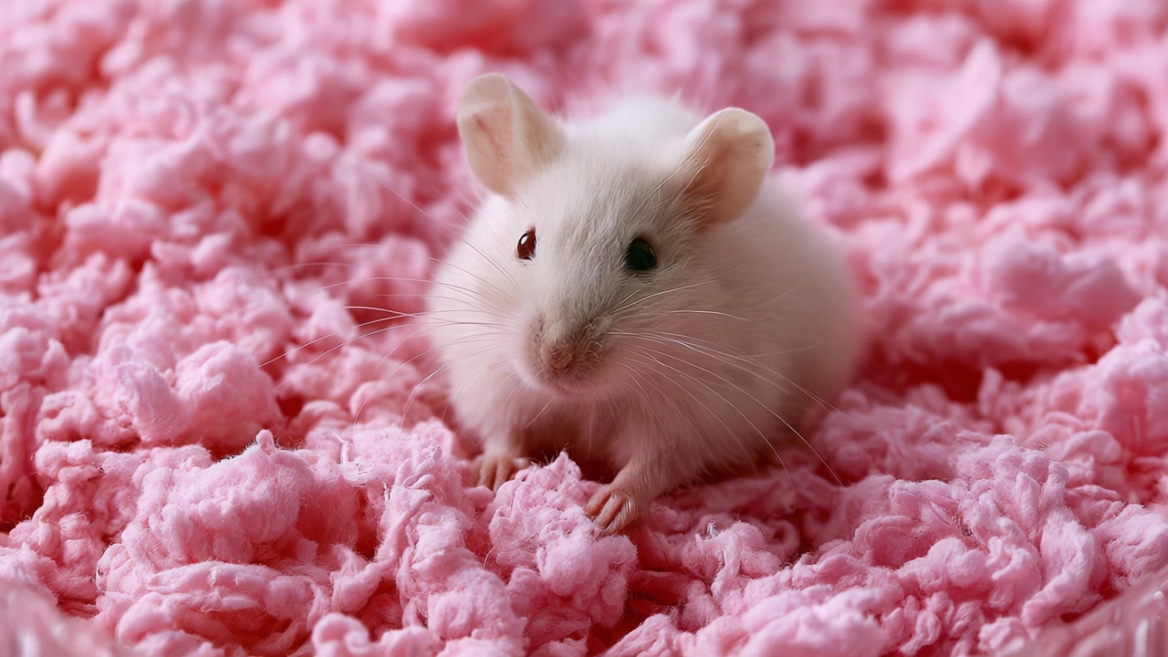 Un affascinante topo bianco annidato in una morbida biancheria da letto rosa, che cattura un momento di adorabile innocenza e pace nel suo accogliente habitat