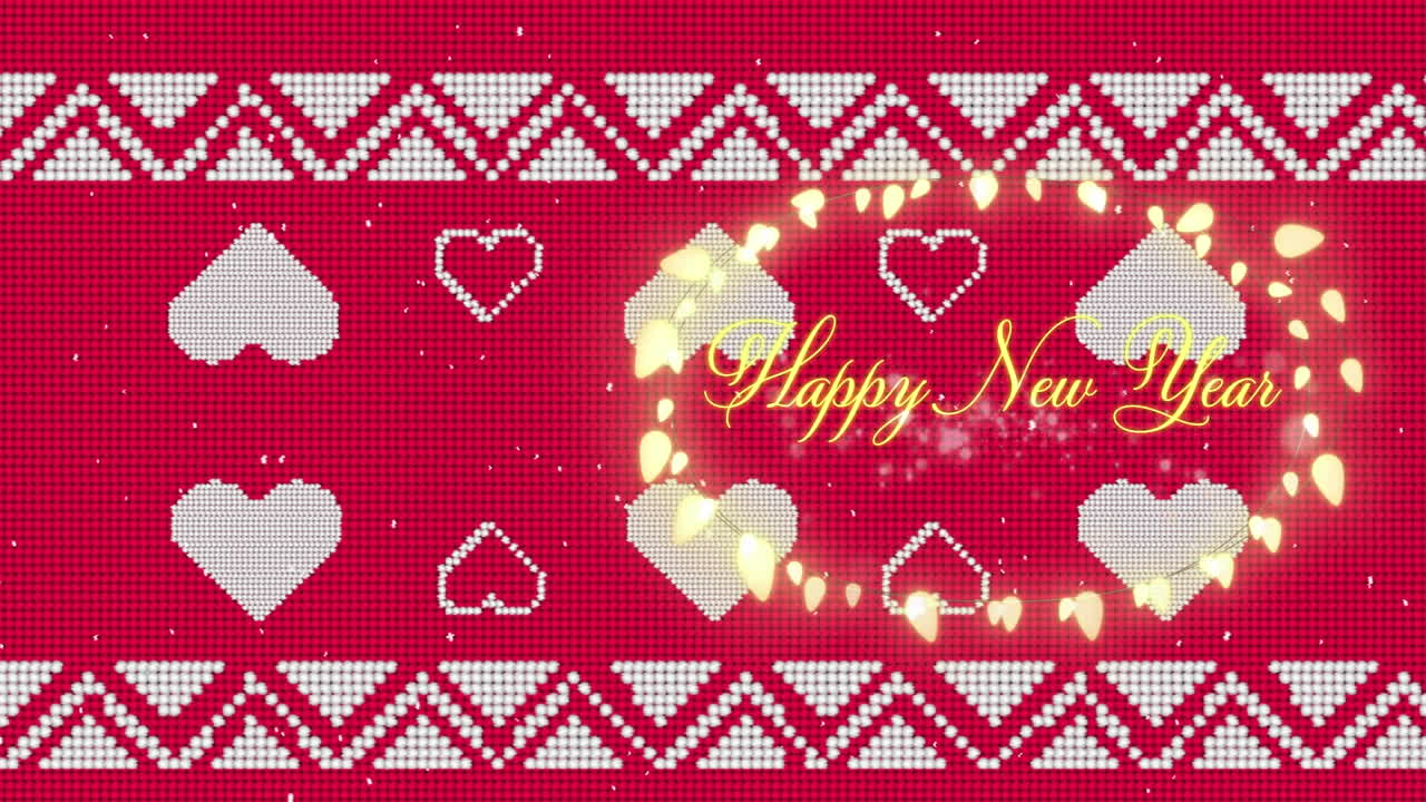 ⁇ 은 전통적인 크리스마스 패턴 위에 내리는 눈에 대한 행복한 새해 텍스트와 요정 불빛