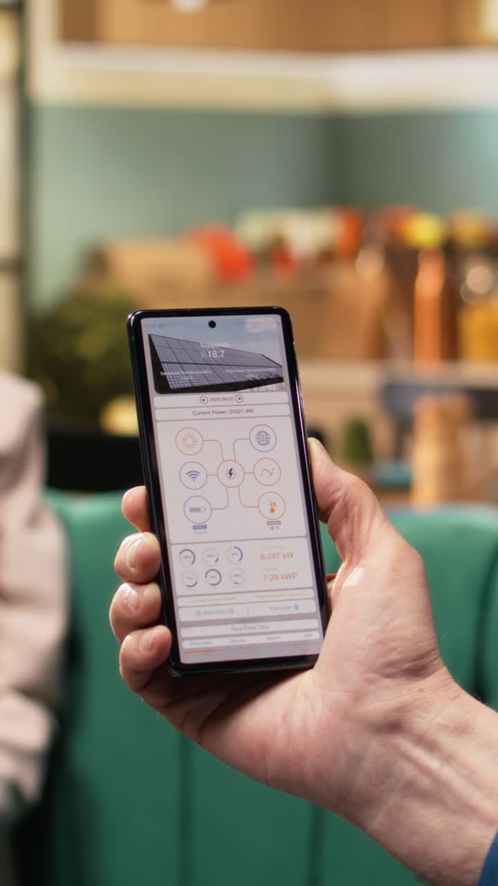 Vertical Video Senior couple checking sustainable energy app on smartphone