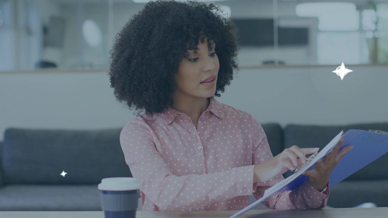 Woman opening blue folder, reviewing docs for business, cyan swirl and stars obscuring then fading