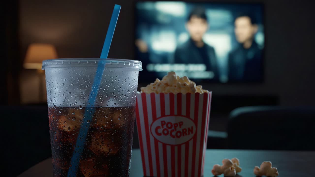 Un'accogliente configurazione per una serata film con bevande rinfrescanti e popcorn al burro in una stanza poco illuminata con una TV accesa in sottofondo.