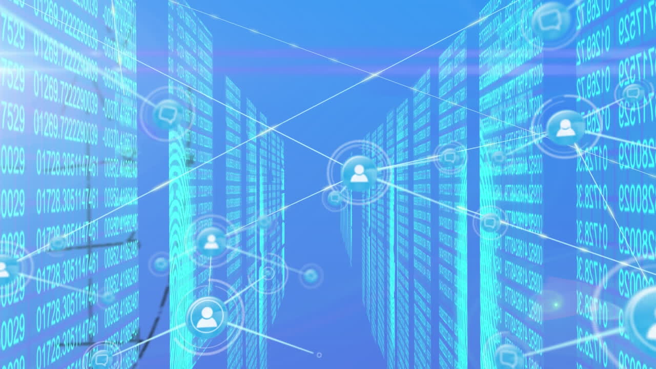 Animation of data processing and shapes over binary coding on blue background