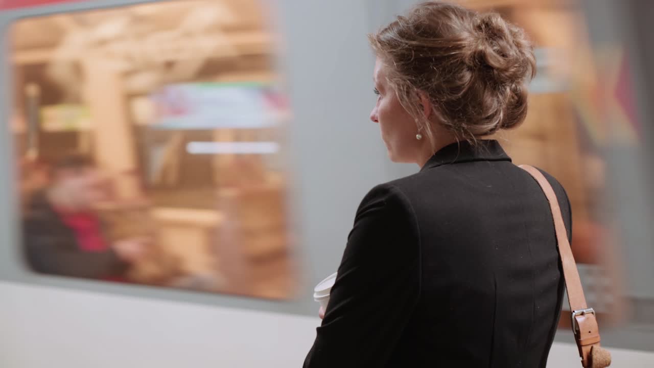 Business woman in front of arriving subway alone on daily work commute