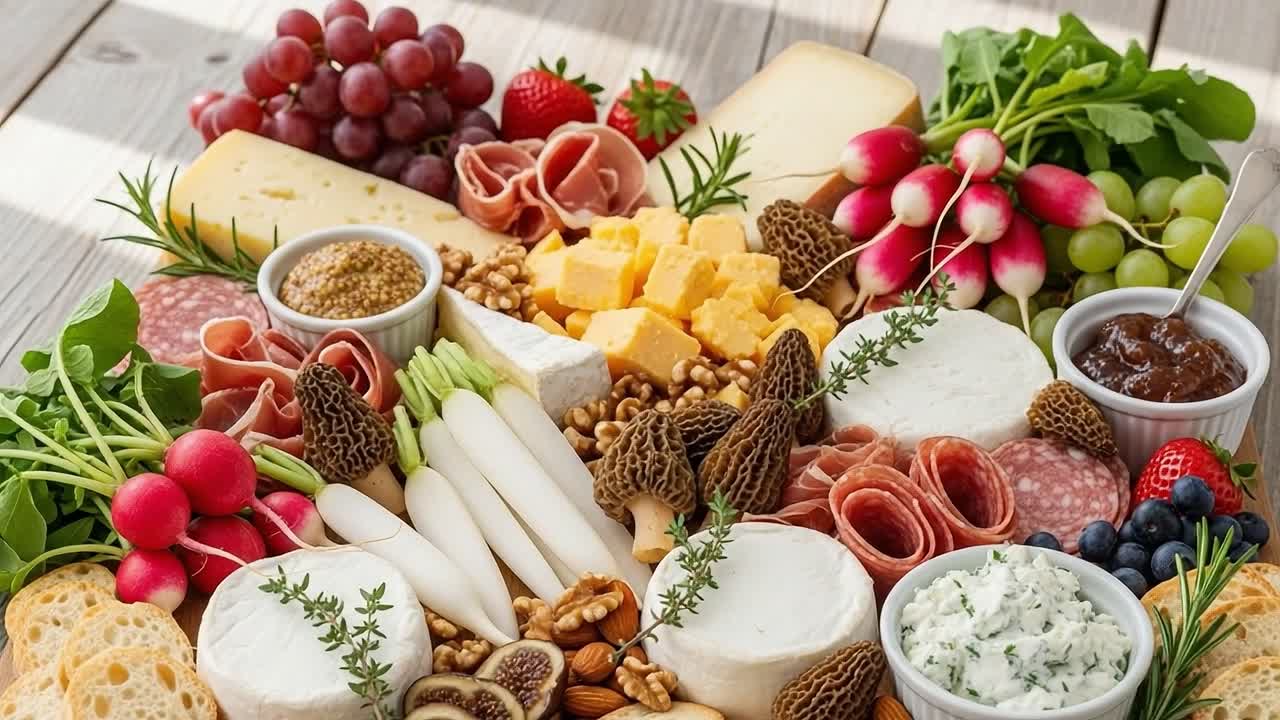 A Deliciously Arranged Charcuterie Board Featuring Cheeses, Meats, Fresh Fruits, Nuts, and Vegetables Artfully Presented for Gourmet Enjoyment