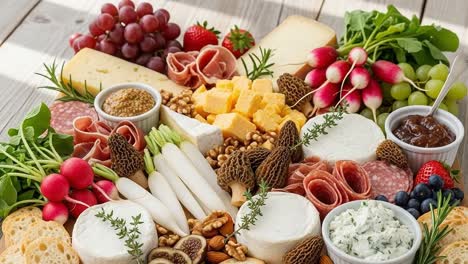 a deliciously arranged charcuterie board featuring cheeses, meats, fresh fruits, nuts, and vegetables artfully presented for gourmet enjoyment