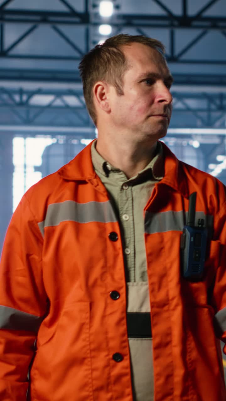 Vertical Video Industrial supervisor walking around factory floor and overseeing assembly teams