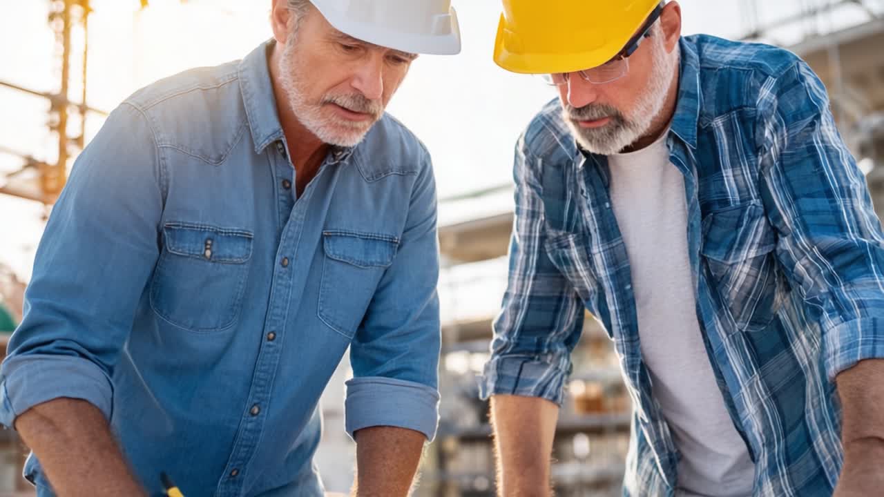 Two construction professionals in hard hats collaboratively examining blueprints on a job site, focusing on their plans for successful project completion and teamwork