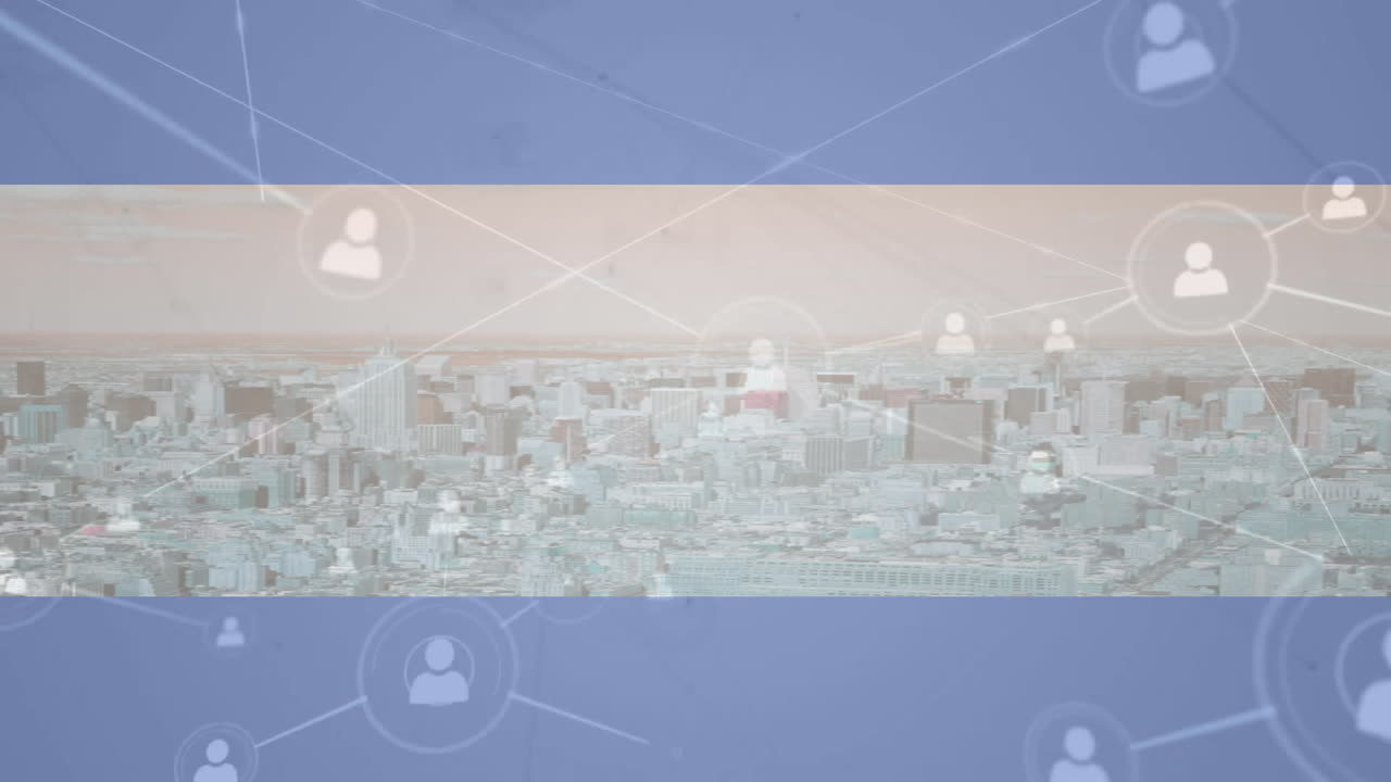 Animation showing cityscape with network connections and user icons overlaying scene