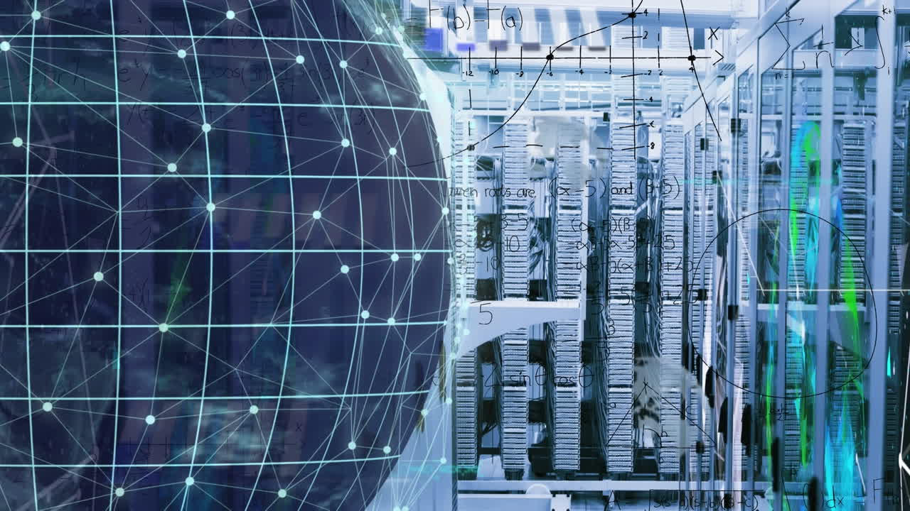 Animation of network of connections over spinning globe, mathematical equations against server room