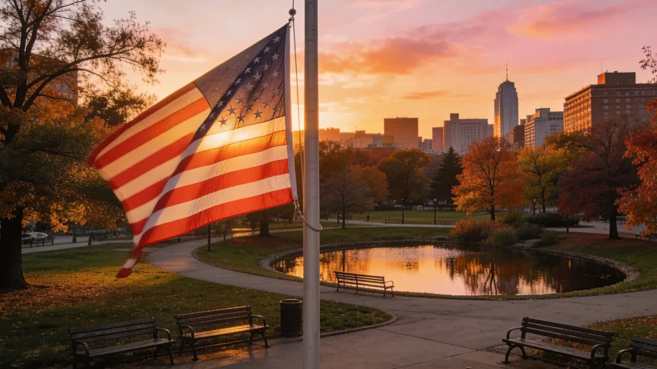 Bandiera americana che sventola su un'asta verticale sopra uno stagno, mossa da una leggera brezza, con il sole che cala.