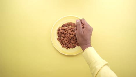 recogiendo almendras a mano de un plato