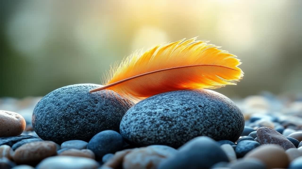 Feather resting on smooth stones. A vibrant orange feather rests delicately on two smooth stones, creating a serene and calming natural composition.