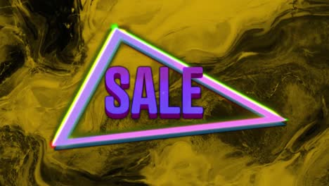 Animation-of-purple-text-sale,-with-colourful-triangles,-over-orange-and-black-swirl