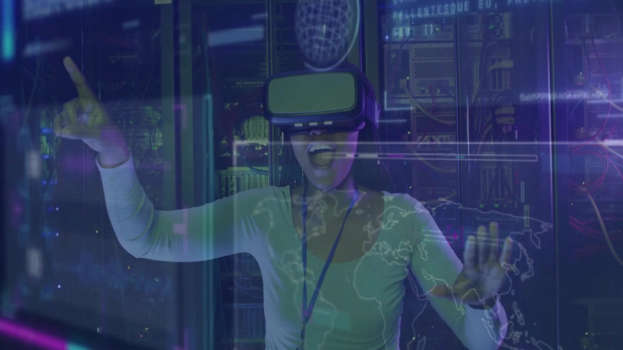 IT specialist donning VR headset in server room, gesturing on data panels for network analysis