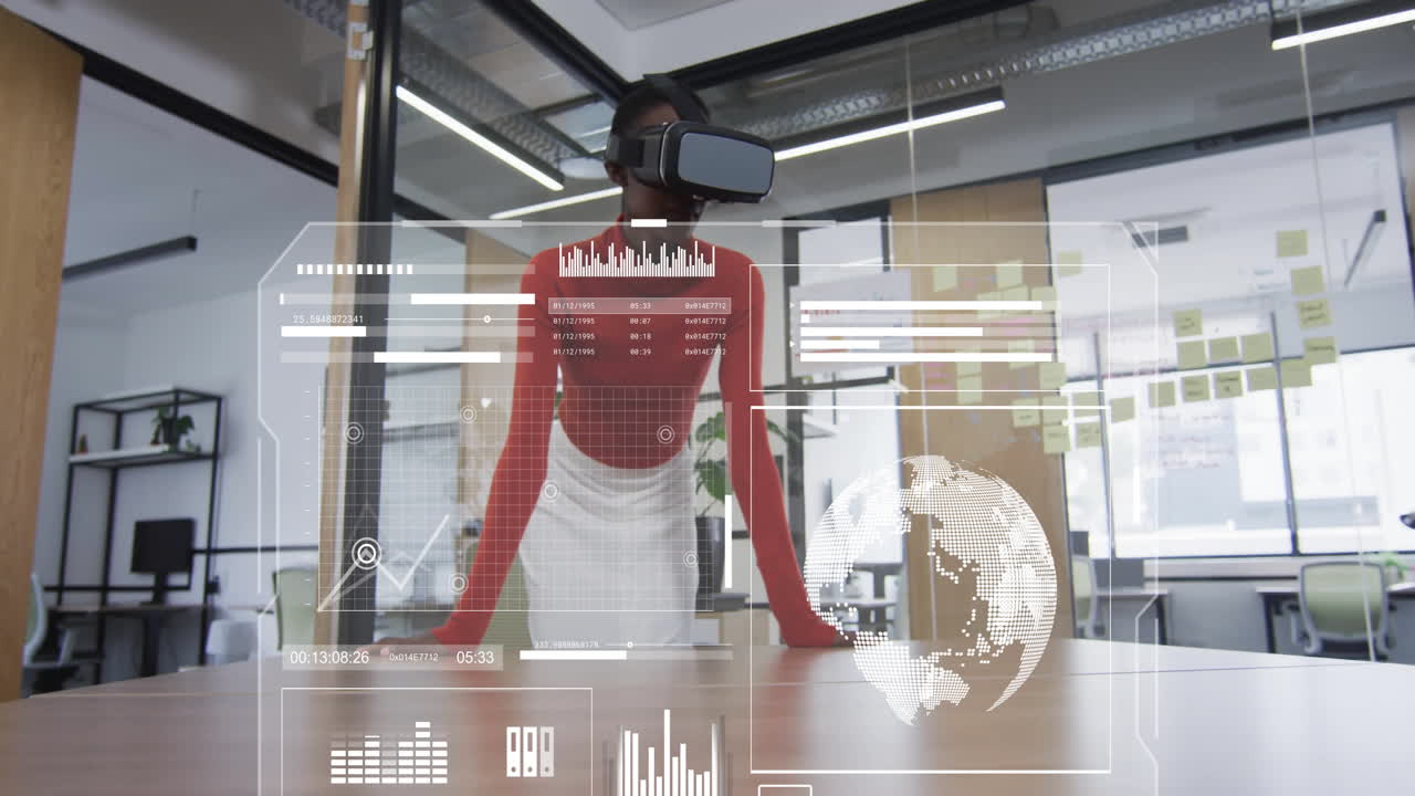 Wearing VR headset, person interacting with animation of digital data in office