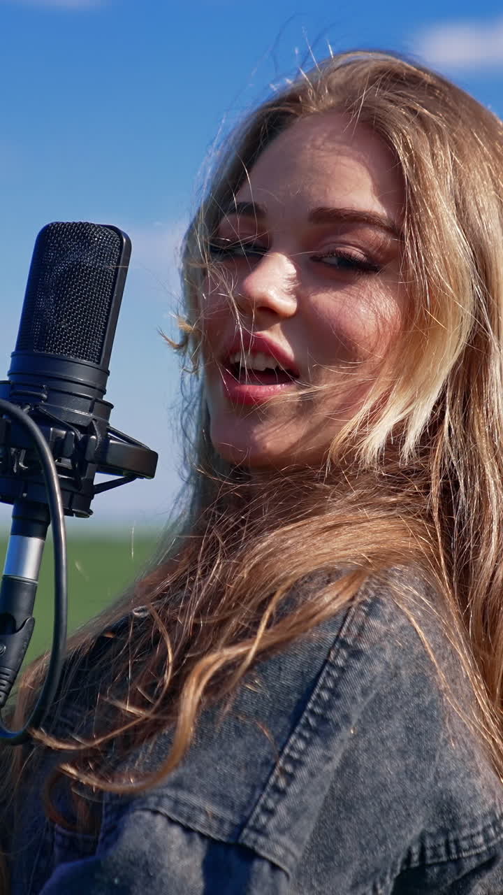 Beautiful girl singer in a green field. Attractive blond woman singing into a microphone and energizing looking at the camera. Vertical video