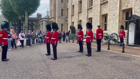 guards faces still, no glance or grin, crowds admire from streets within