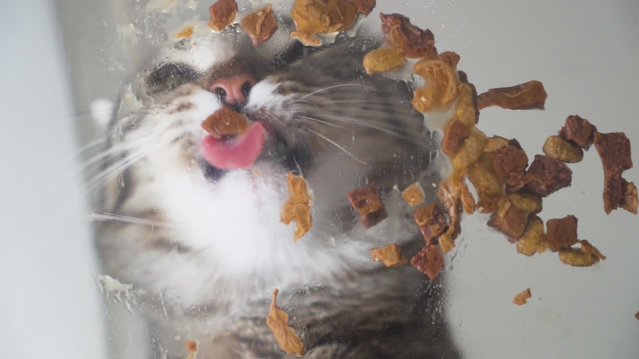 Makroaufnahme einer flauschigen grauen Hauskatze, die aus nächster Nähe Nassfutter ohne Napf verschlingt. Ein Moment aus dem Haustieralltag.