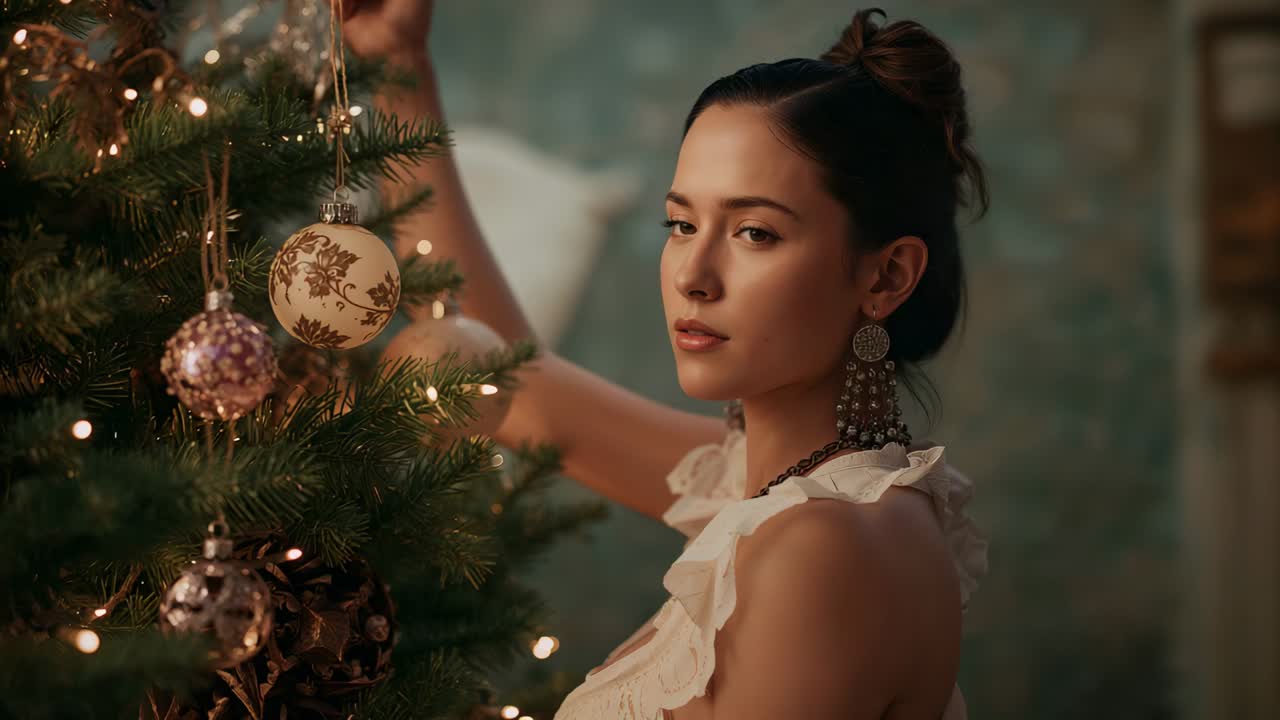 Holding gold bauble, Asian woman placing on fir tree, weaving garland in living room, copy space
