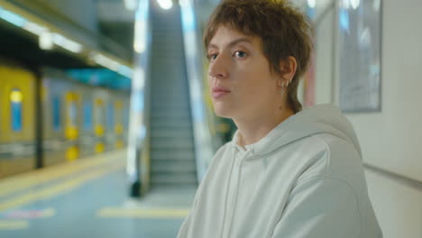 young woman watching train riding in underground