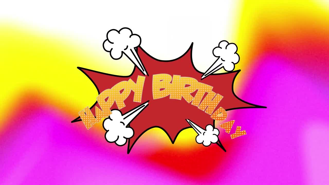 animación de texto de feliz cumpleaños sobre burbuja de discurso retro y fondo vibrante