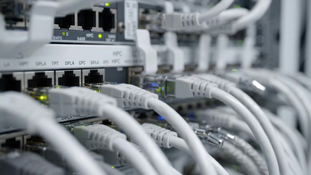 Network Infrastructure with Multiple Ethernet Connections and Data Cables in a Server Rack Displaying Active Status Lights for Optimal Performance