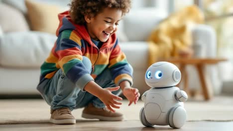 cheerful child interacting joyfully with an educational robot, sharing playful moments and fostering learning in a cozy living room