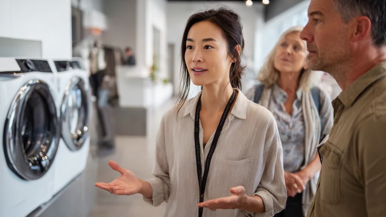 An engaging woman provides information about modern laundry appliances to two attentive customers in a bright, contemporary showroom that showcases cutting-edge washing machines and dryers