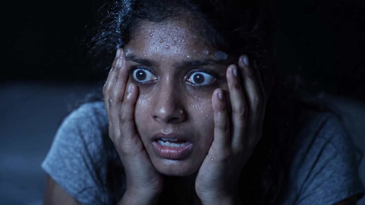 A Disturbing Transformation: A Young Woman Experiences Intense Fear and Shock as She Faces an Unseen Terror in Dark Room, Captured in Two Compelling Video Frames.