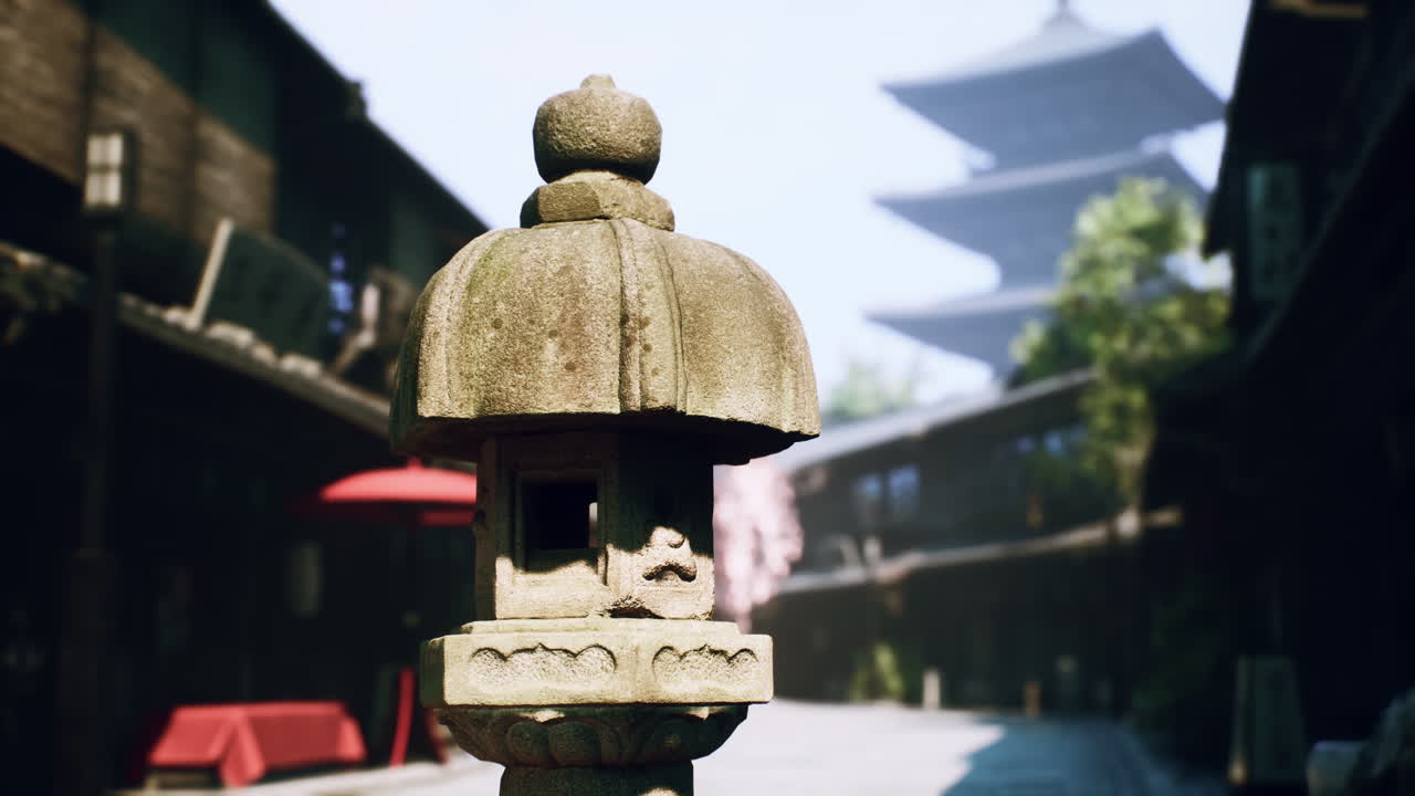 escena callejera japonesa con linterna y pagoda