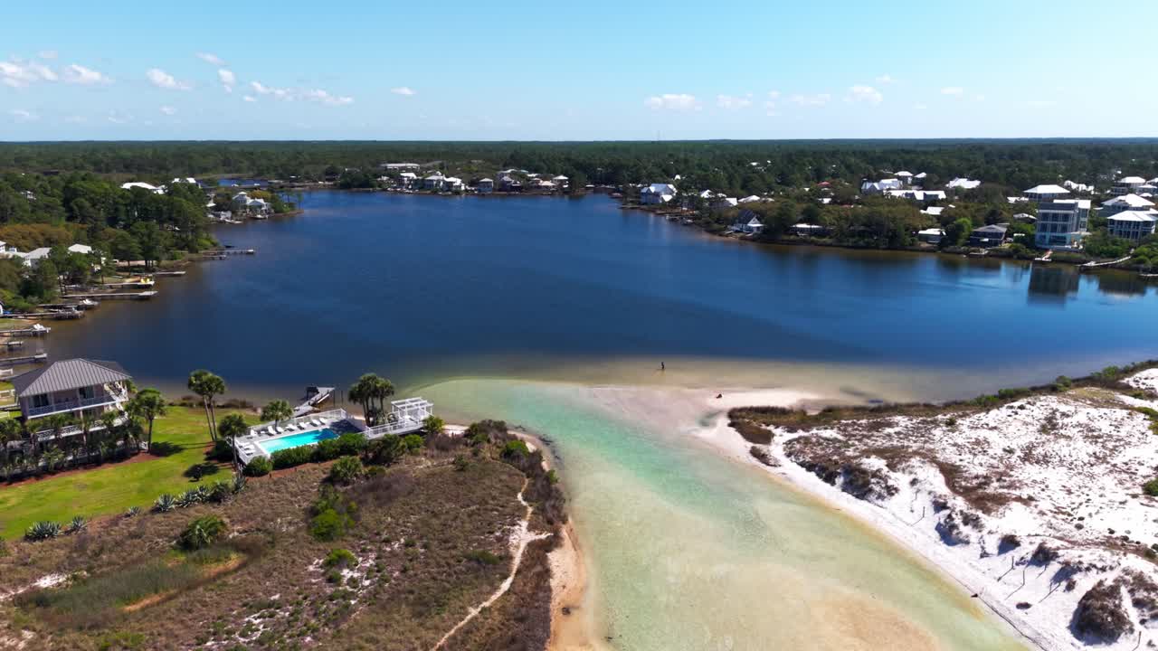 Volo dinamico di drone sopra un'insenatura costiera presso le acque del lago Eastern con case residenziali circostanti, Santa Rosa Beach, Florida, USA