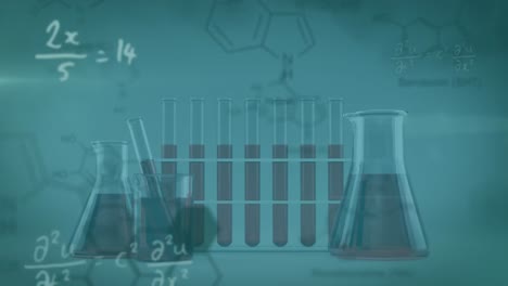 Animation-of-texts-forming-brain-over-dna-strand,-mathematical-equations-and-beakers