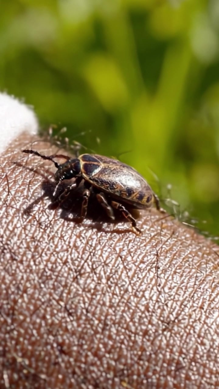 Primer Plano de un Escarabajo Arrastrándose sobre la Piel en un Entorno Natural, Mostrando Características Detalladas del Insecto sobre un Fondo Verde Vibrante.