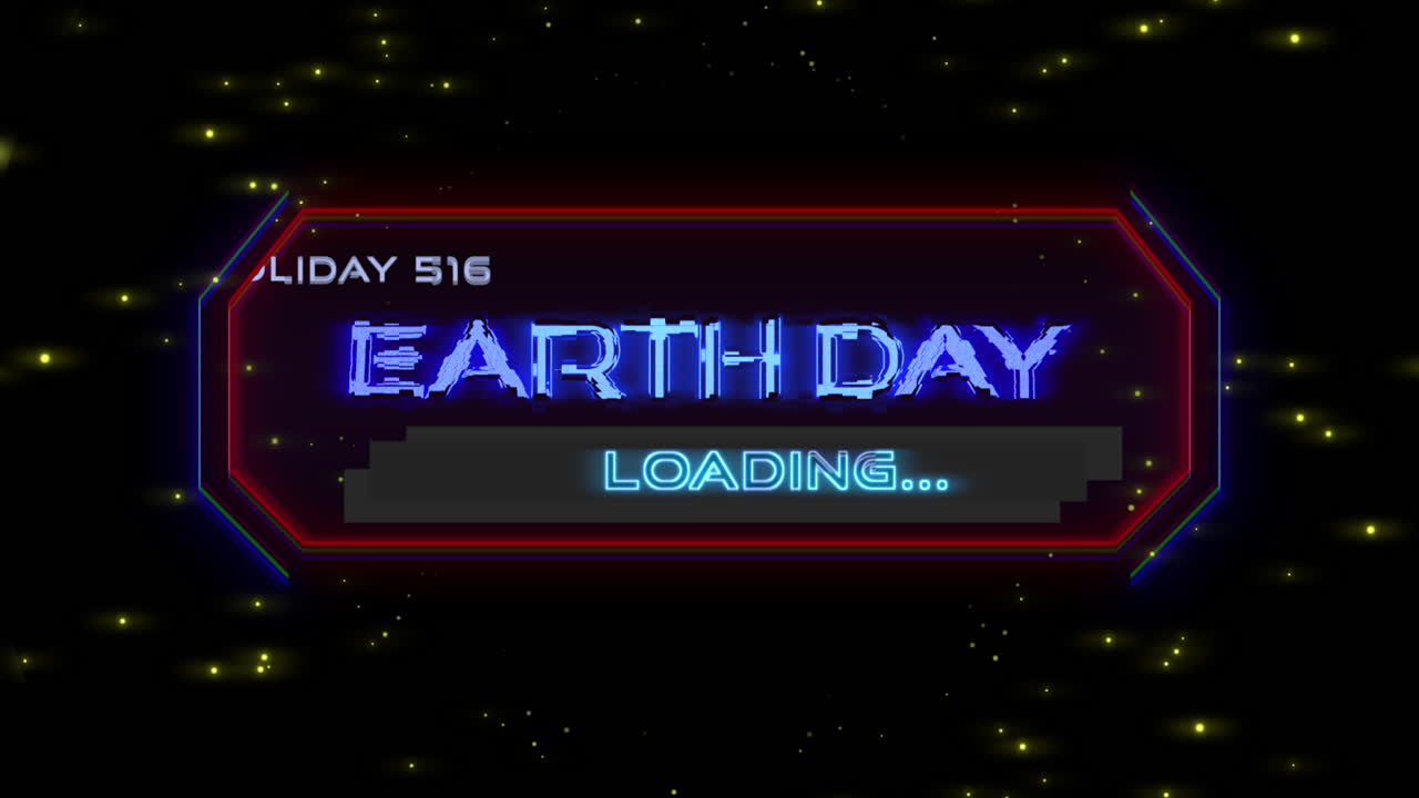 texto de día de la tierra de primer plano de animación en pantalla futurista de neón con líneas abstractas y comienza en galaxia 1