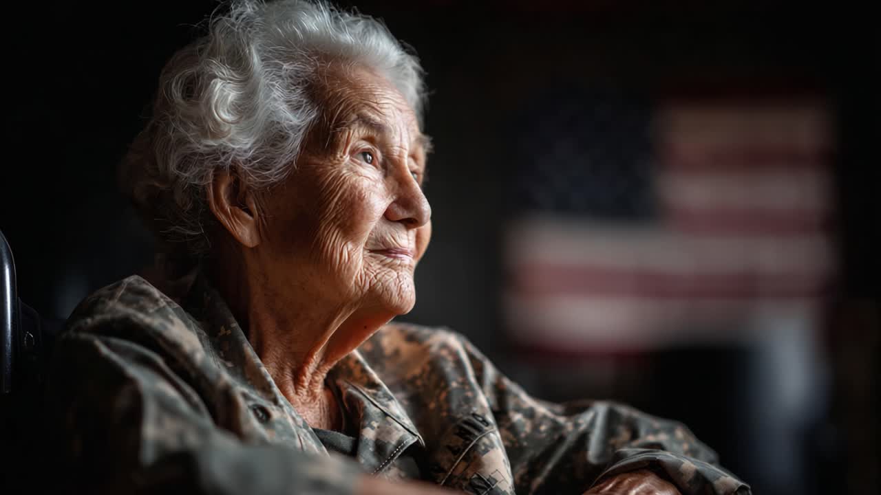 A Resilient Story: Portrait of an Elderly Woman in Military Attire Reflecting on Her Life and Experiences Amidst an American Flag Background