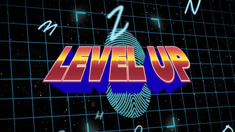 Animation-of-level-up-text-over-fingerprint-and-letters-on-black-background