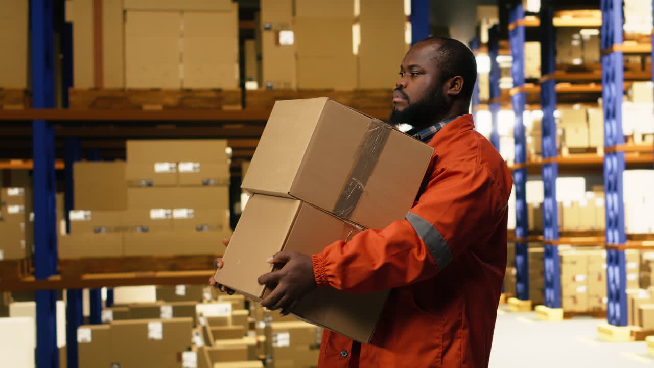 Black industrial employee carrying packages and handling e-commerce orders