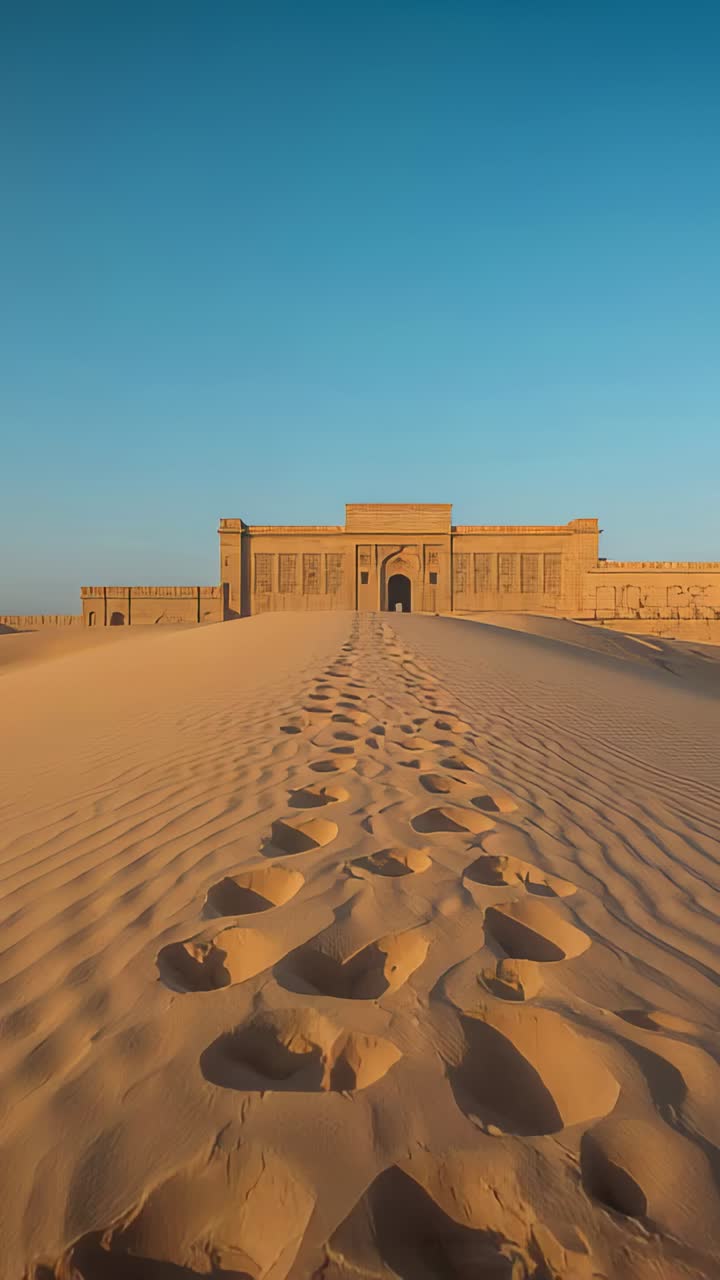 Video verticale: la videocamera si apre sulle stampe, panoramica verso l'alto e rivela la facciata in arenaria nel deserto