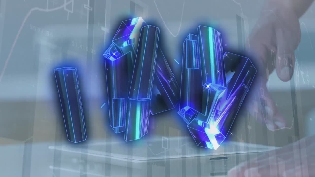 태블릿을 사용하는 백인 사업가에 대한 반 ⁇ 이는 모양의 애니메이션과 데이터 처리