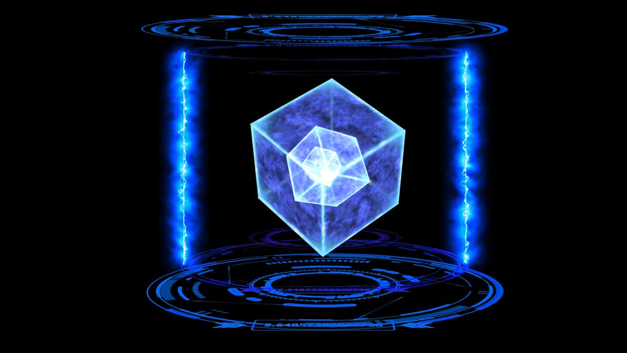 미래의 큐브 빈 핵심 에너지 표면 디지털 실험실 과 레이저 천둥 볼트