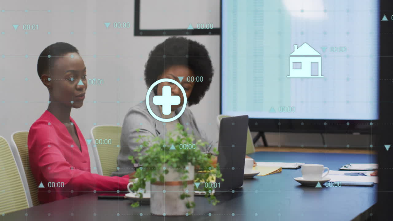 Medical data processing animation over diverse business people in meeting room