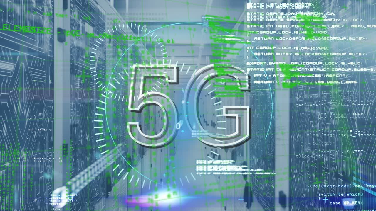 animazione di simbolo 5g con interfaccia futuristica e linguaggio informatico