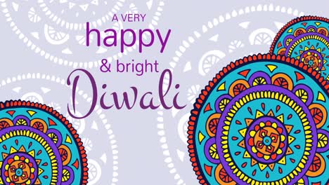 animación de texto feliz de diwali y formas coloridas sobre fondo rosa