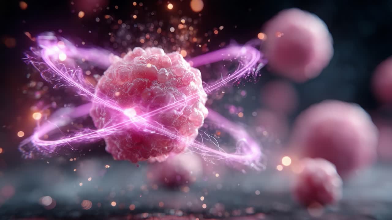 A Stunning Visualization of a Quantum Particle: The Captivating Dance of a Pink Atom Surrounded by Ethereal Energy Gravitating Towards the Unknown