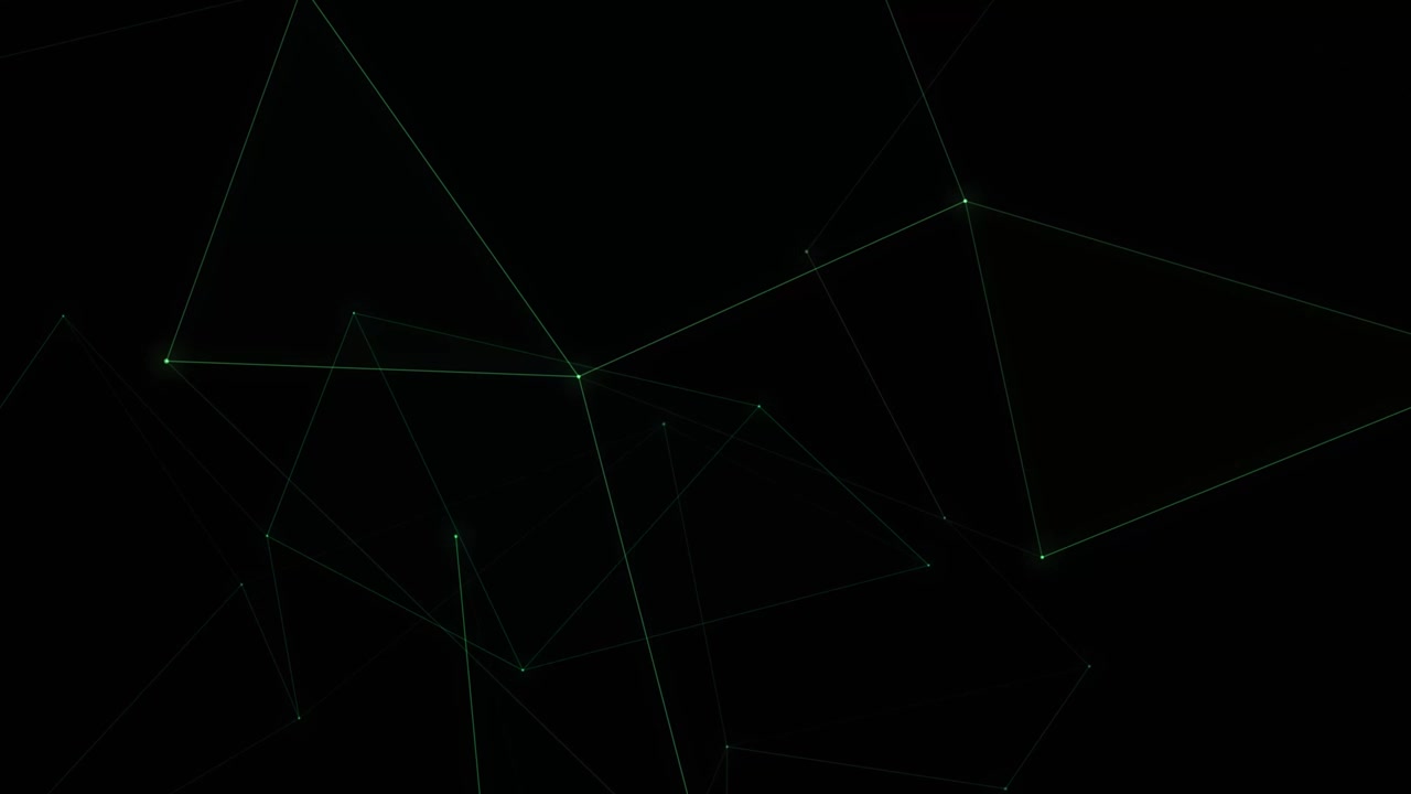Subtle green digital plexus lines and geometric nodes connect across a black background.