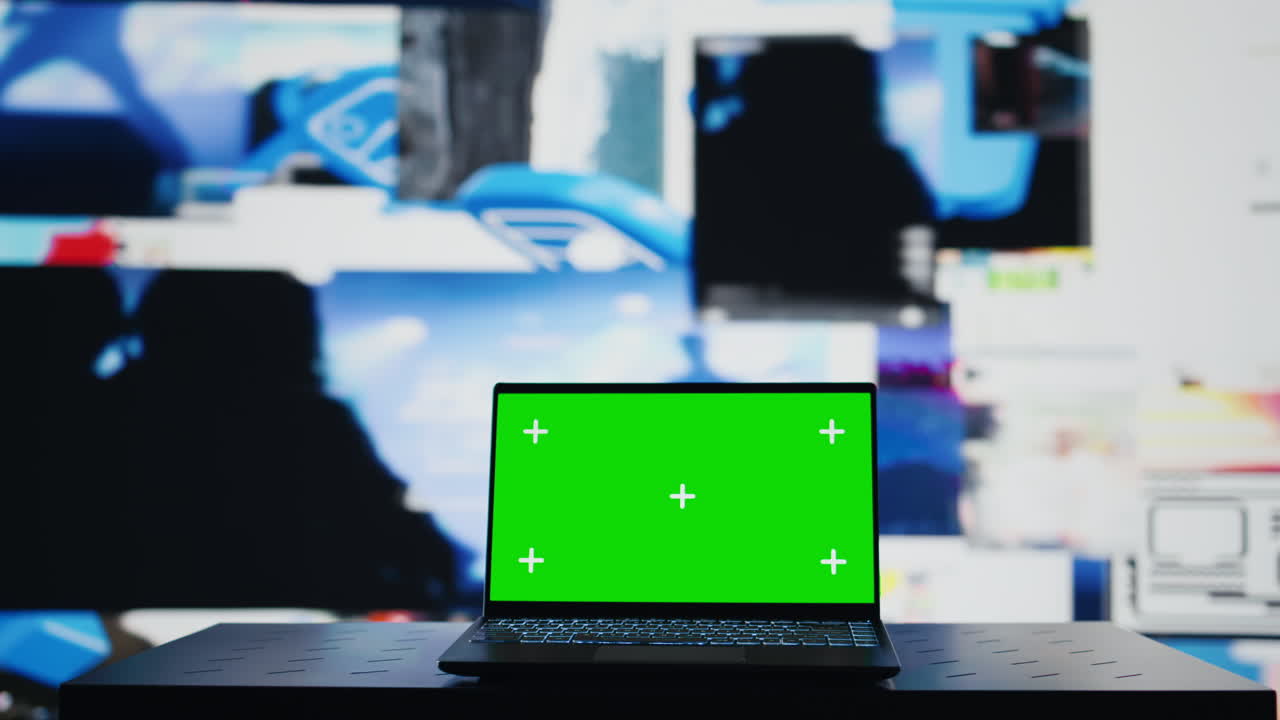 Laptop running isolated chroma key screen next to social media platforms
